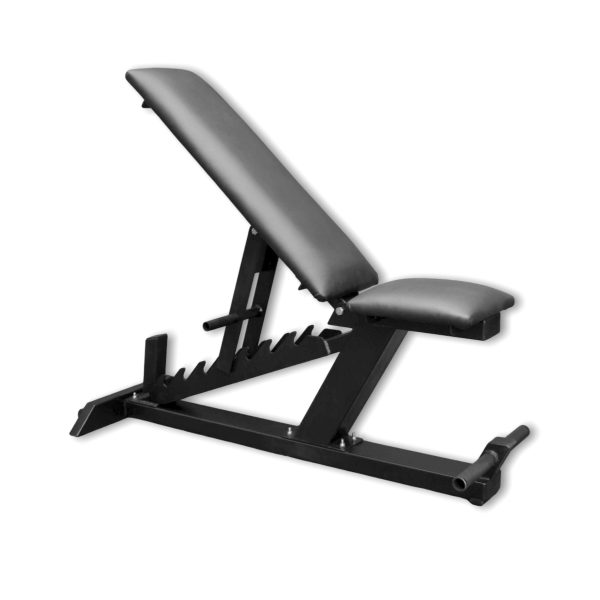 Banco ajustable Blacksmith en inclinación media, enfocado desde el frente – diseño ergonómico y robusto para gimnasio.