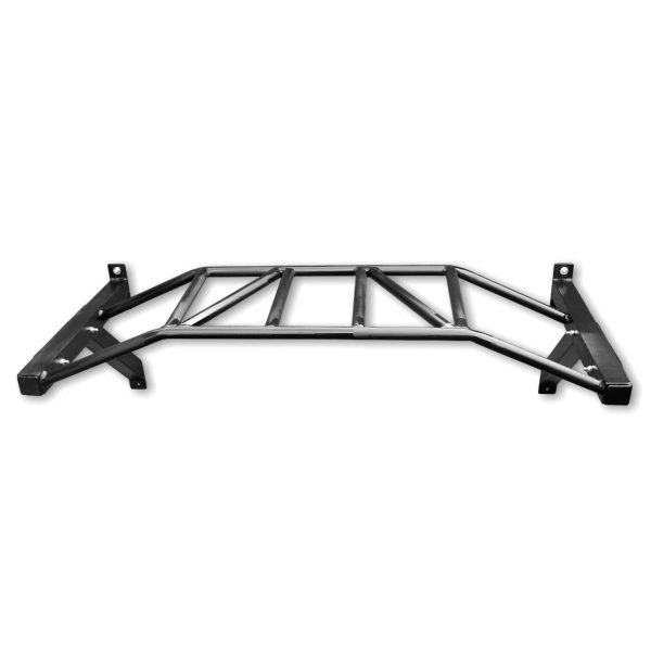 Vista superior de la Barra de Dominadas Multigrip Blacksmith desde planta, mostrando la disposición estratégica de sus agarres para entrenamiento funcional.