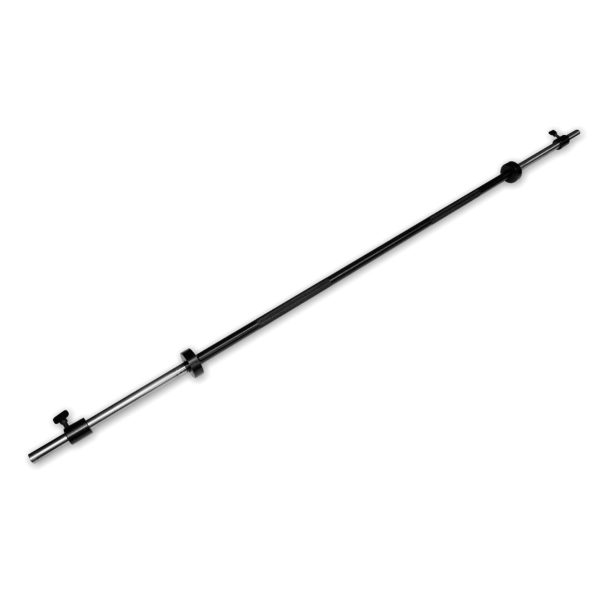 Vista isométrica frontal general de la barra preolímpica de 210 cm Blacksmith xxl, mostrando su diseño completo y proporciones totales.