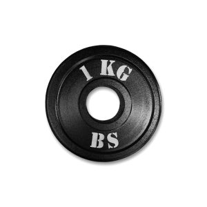 Disco preolimpico de 1 kg visto de frente, con diseño robusto, acabado negro y número de peso visible al centro.