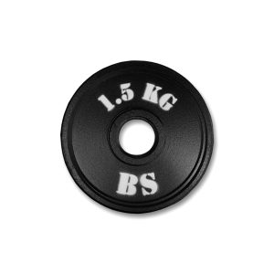 Disco preolimpico de 1.5 kg visto de frente, con diseño robusto, acabado negro y número de peso visible al centro.