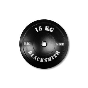 Disco preolimpico de 15 kg visto de frente, con diseño robusto, acabado negro y número de peso visible al centro.