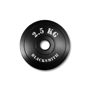 Disco preolimpico de 2.5 kg visto de frente, con diseño robusto, acabado negro y número de peso visible al centro.