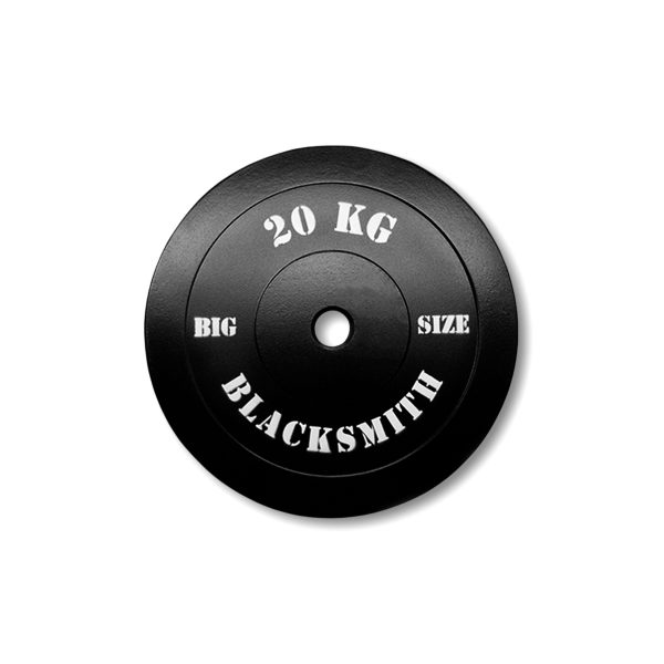 Disco preolimpico de 20 kg visto de frente, con diseño robusto, acabado negro y número de peso visible al centro.