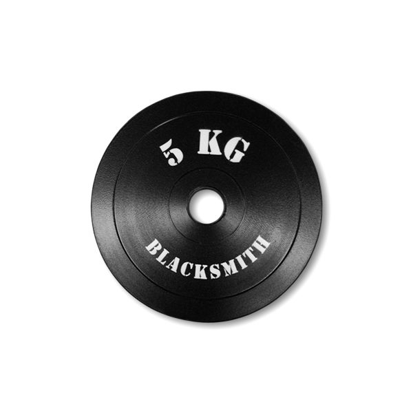 Disco preolimpico de 5 kg visto de frente, con diseño robusto, acabado negro y número de peso visible al centro.