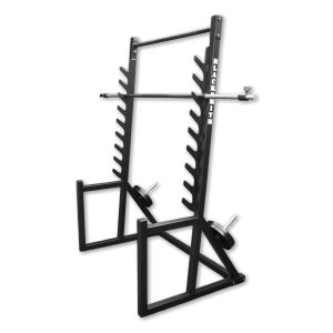 Rack de sentadillas reforzado Blacksmith Hard Mode en vista isométrica frontal a 45 grados, mostrando la estructura completa con acabado negro texturizado.