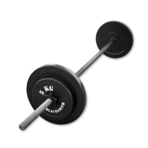 Vista isométrica frontal del kit barra y discos Blacksmith de 35 kg, con barra preolímpica recta armada junto a los discos de 10 kg y 5 kg montados en ambos extremos.