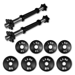Set de mancuernas y discos Blacksmith de 15 kg en vista general, con dos mancuernas y ocho discos visibles (cuatro de 1 kg y cuatro de 1.5 kg), distribuidos sobre fondo neutro.